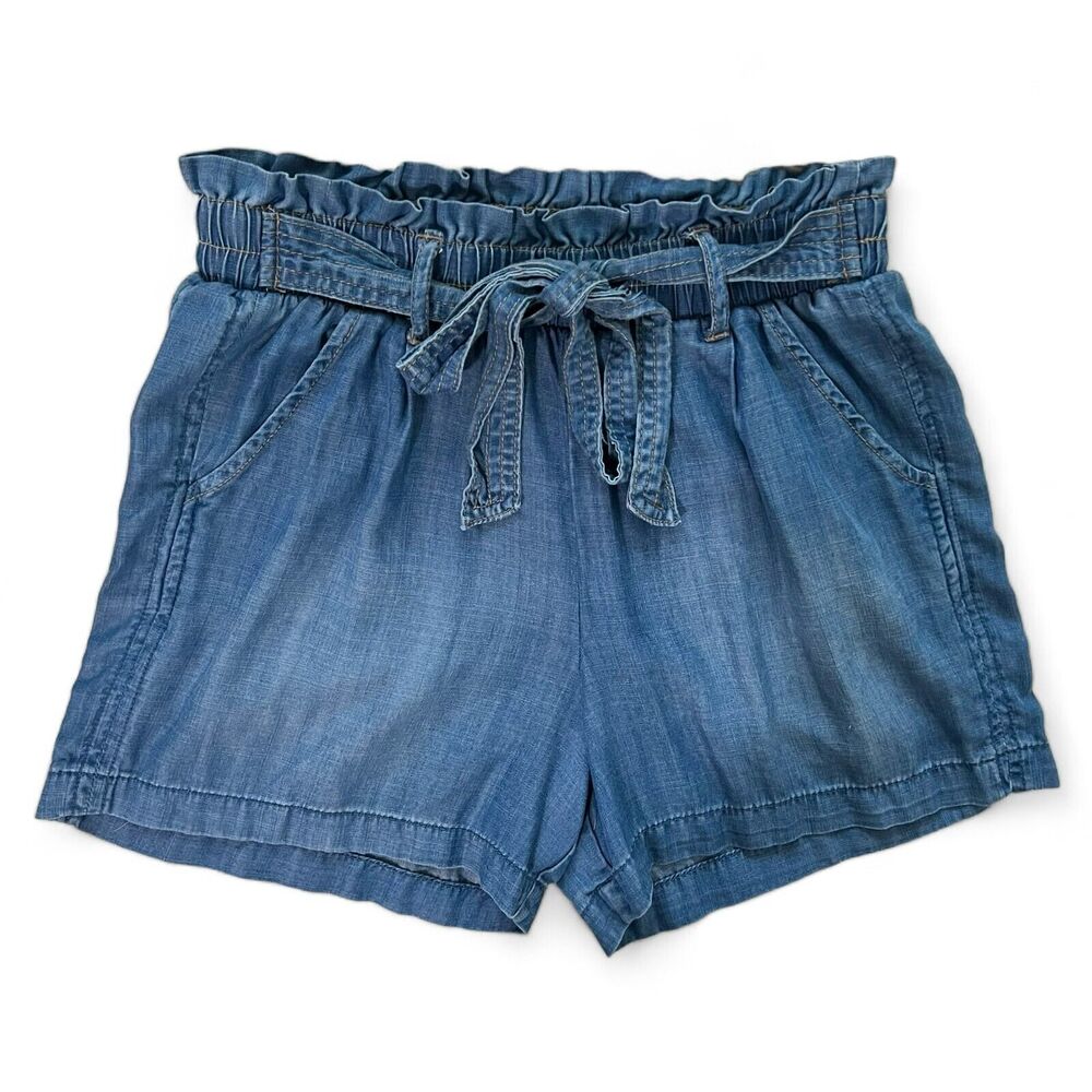 Knox Rose High Waist Blue Chambray Denim Paperbag Tie Shorts Women's XS